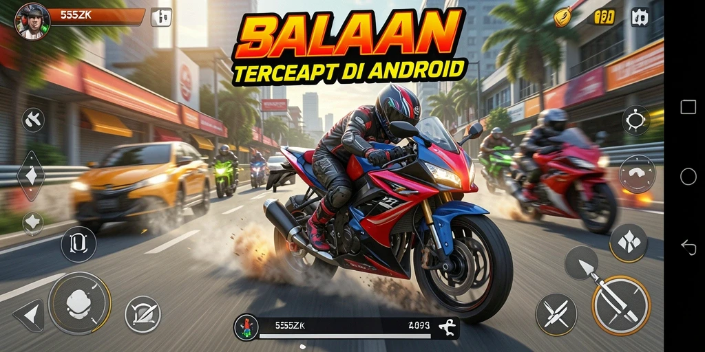Screenshot 555ZK menampilkan aksi balapan motor yang seru.