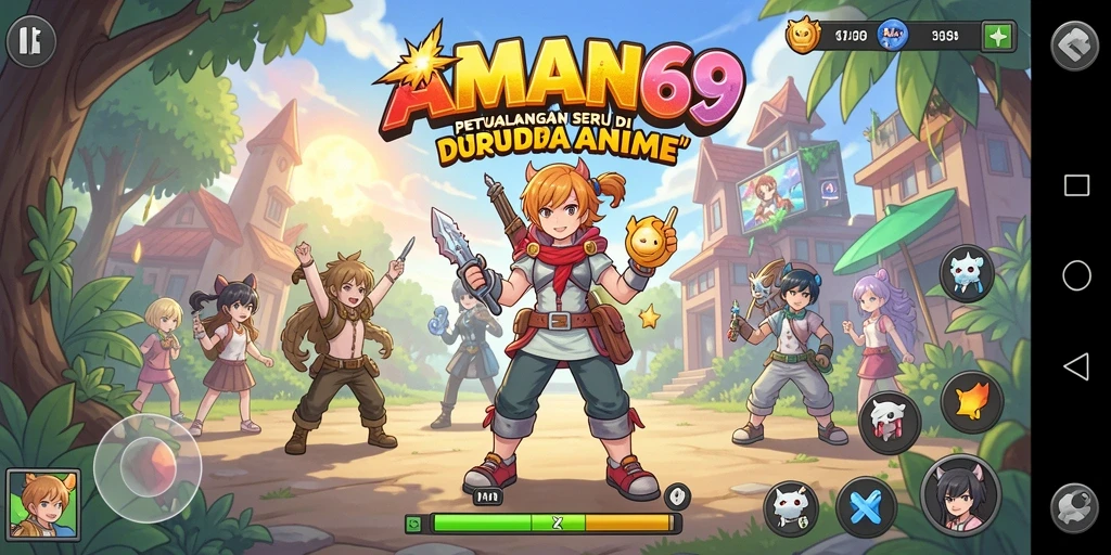 Tangkapan layar gameplay seru di AMAN69 yang menunjukkan aksi karakter anime.