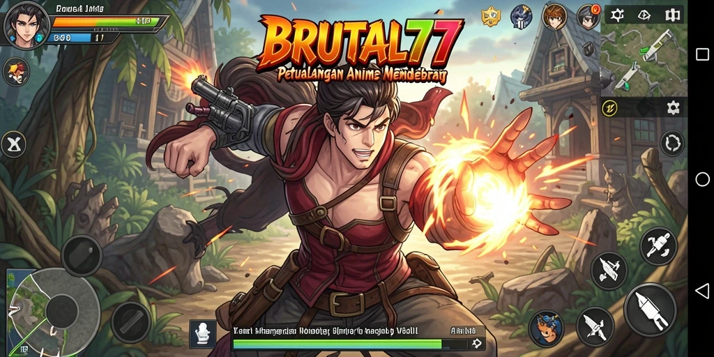 Tampilan gameplay BRUTAL77 yang penuh aksi dan karakter anime.