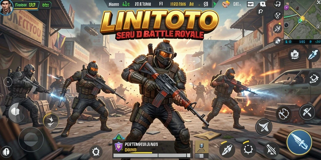 Screenshot utama LINITOTO menampilkan aksi pertempuran seru di arena Battle Royale.