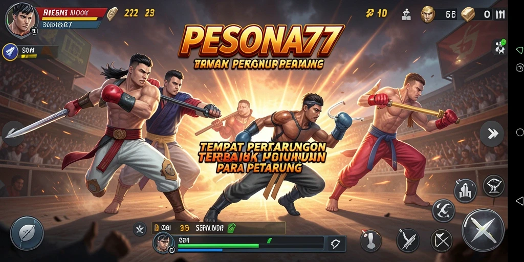 Tampilan gameplay PESONA77 dengan karakter bertarung di arena yang mendebarkan.