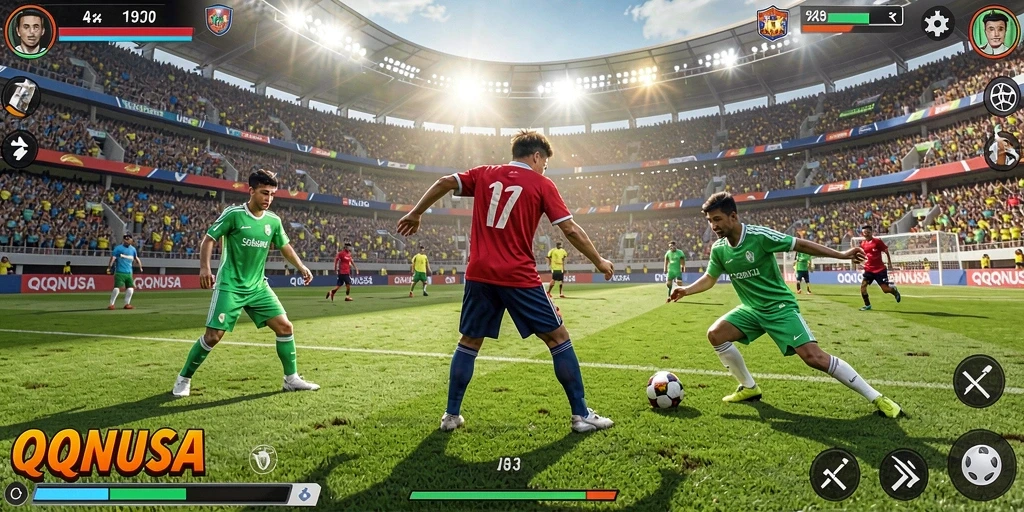 Screenshot gameplay QQNUSA menampilkan momen seru di lapangan olahraga.