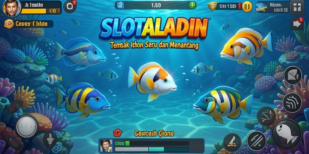 Screenshot gameplay SLOTALADIN yang menunjukkan aksi menembak ikan.
