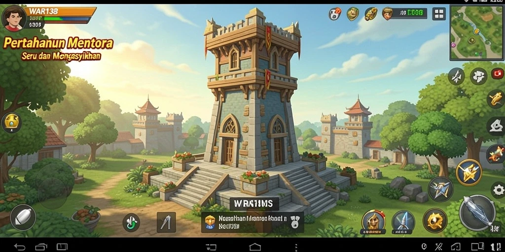 Screenshot WAR138 menunjukkan aksi menara yang mempertahankan dari serangan musuh.