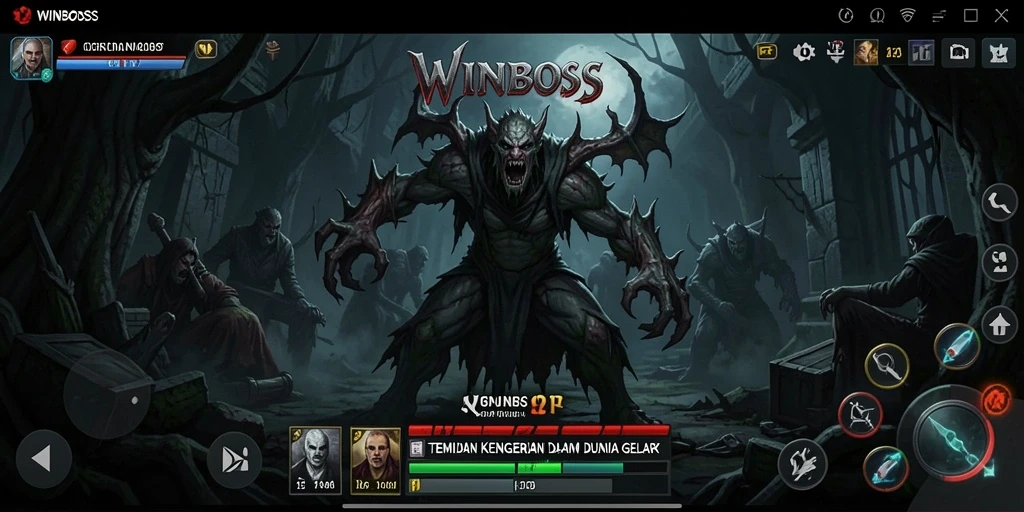 Screenshot gameplay <strong>WINBOSS</strong> menampilkan kegelapan dan kengerian menyeramkan.